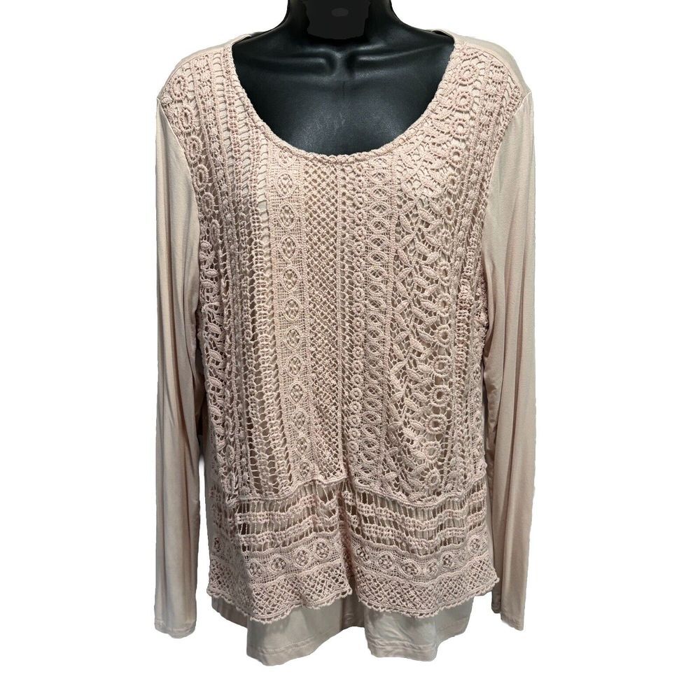 Chico's Blush Pink Crochet Long Sleeve Blouse Size‎ 2 (12/14) Scoop Neck